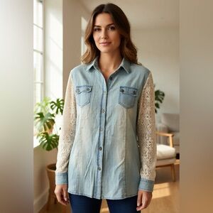 NWT Leshop Denim Shirt with Long Lace Sleeves- Large